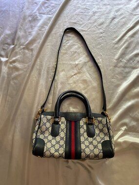 Vintage Gucci Blue GG Monogram Ophidia Boston Satchel Red & Blue Stripe